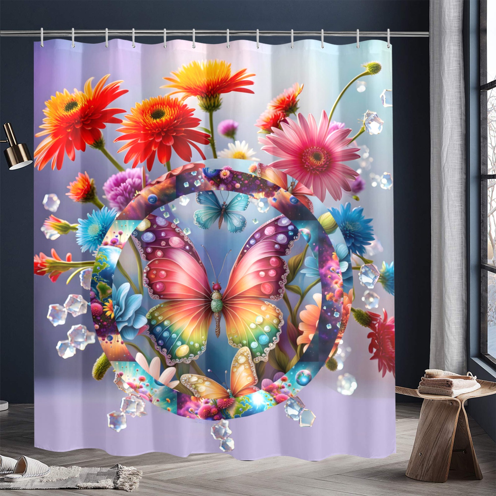 Flower Butterfly Shower Curtain 72"x84"