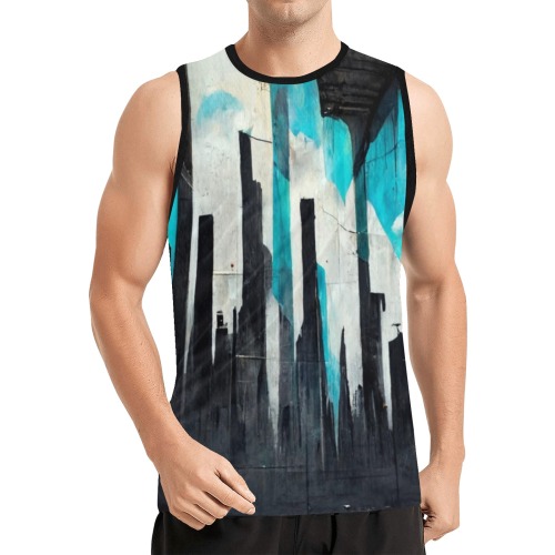 graffiti buildings turquoise and black All Over Print Basketball Jersey