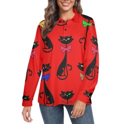 Black Cat with Bow Ties / Red Women's Long Sleeve Polo Shirt (Model T73)