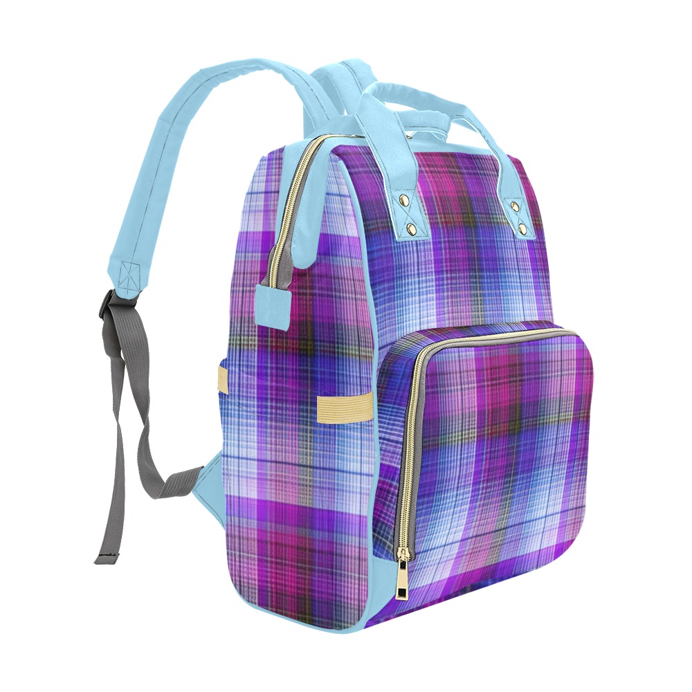 Purple Plaid w/Baby Blue Multi-Function Diaper Backpack/Diaper Bag (Model 1688)