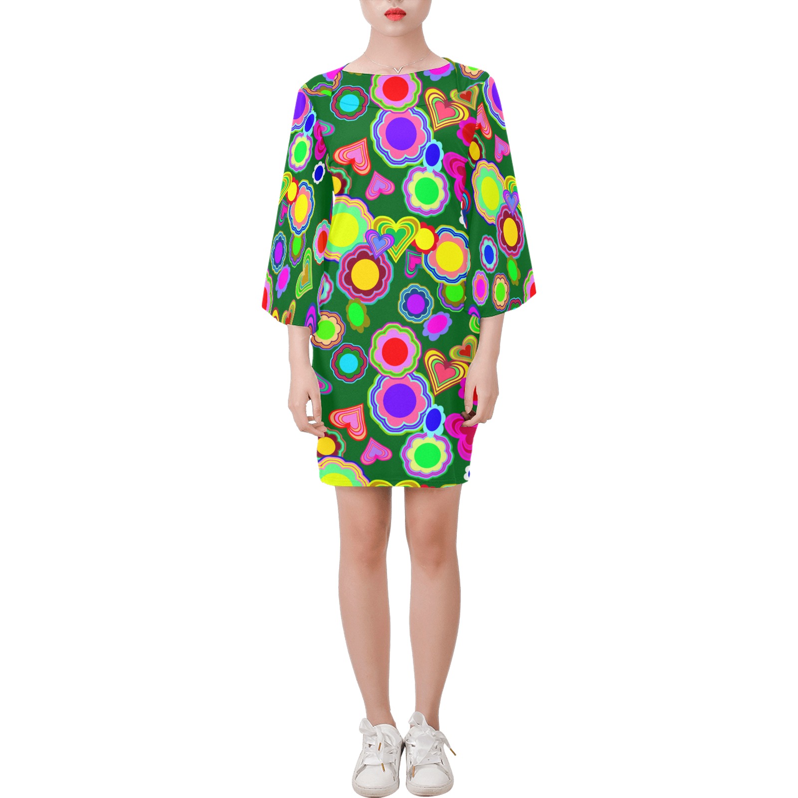 Groovy Hearts and Flowers Green Bell Sleeve Dress (Model D52)