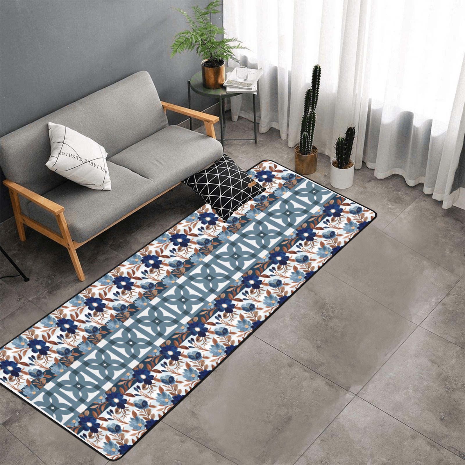 Blue Floral with tile Rug Area Rug with Black Binding 9'6''x3'3''