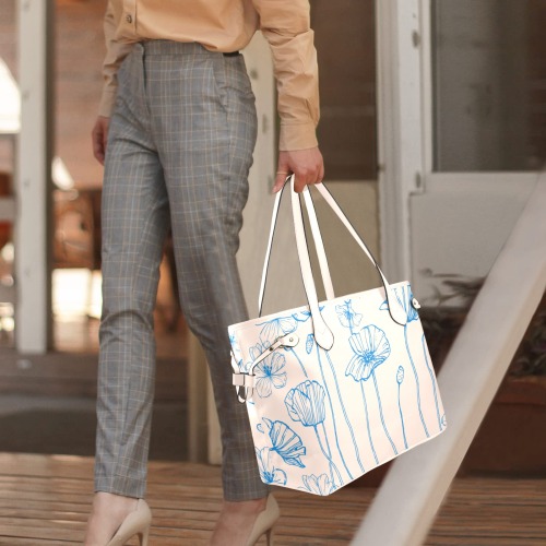 Blue Poppies Large tote Yellow Clover Canvas Tote Bag (Model 1661)