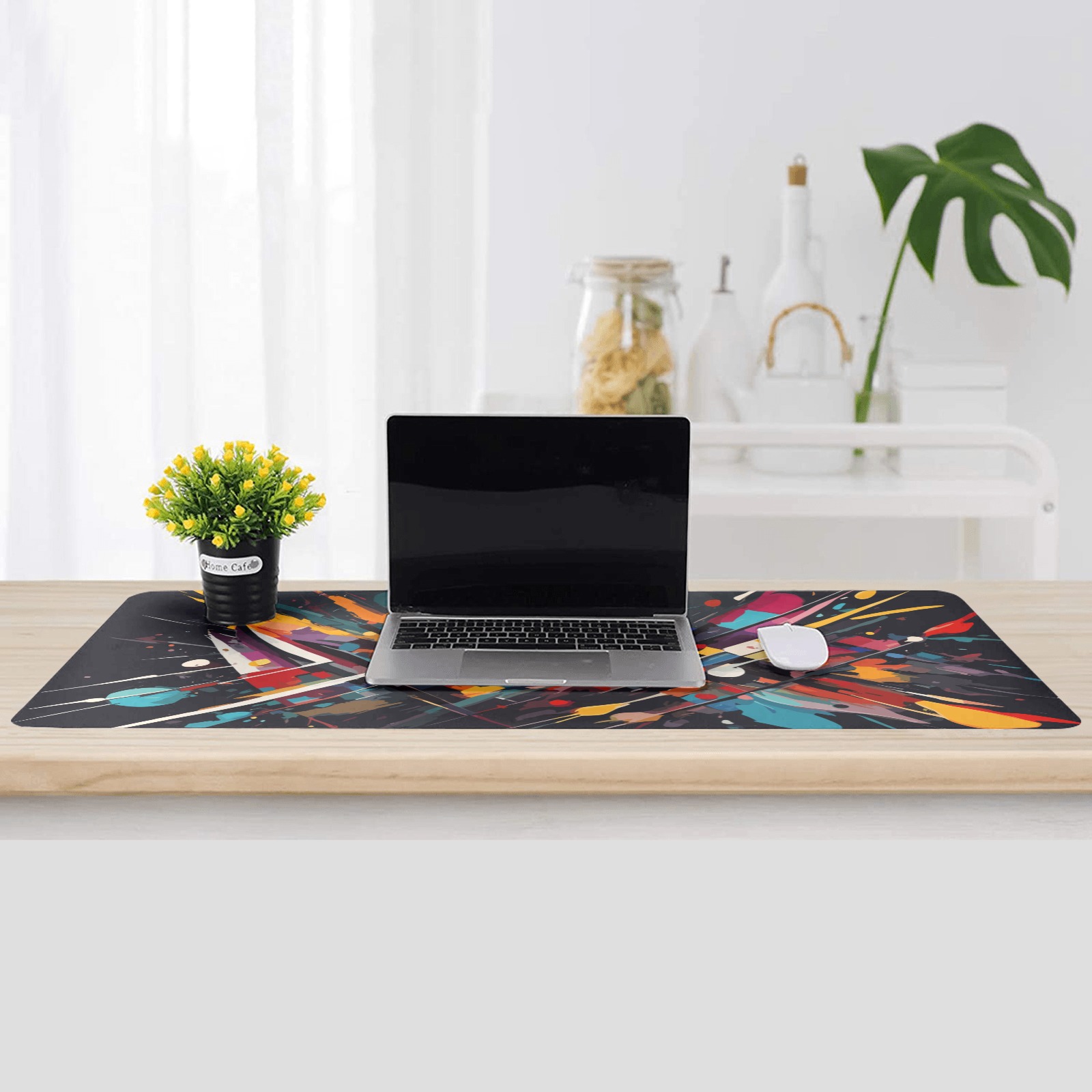 Abstract art of colorful lines and shapes on black Gaming Mousepad (35"x16")
