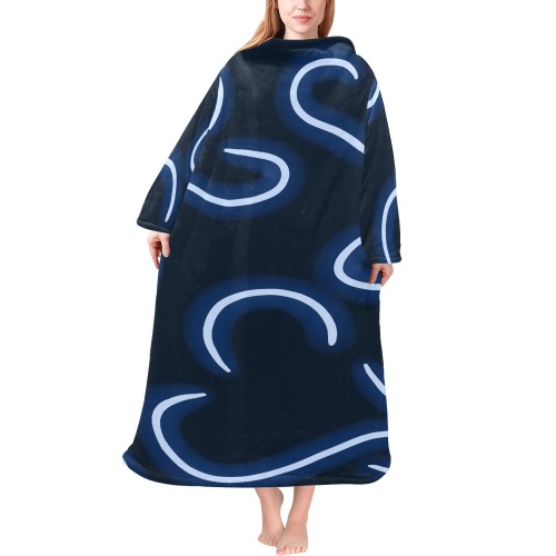 Neon Hearts Blue Blanket Robe with Sleeves for Adults