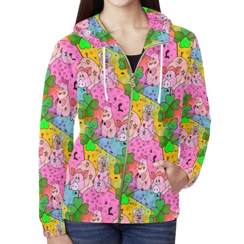 Lucky Pigs by Nico Bielow All Over Print Full Zip Hoodie for Women (Model H14)