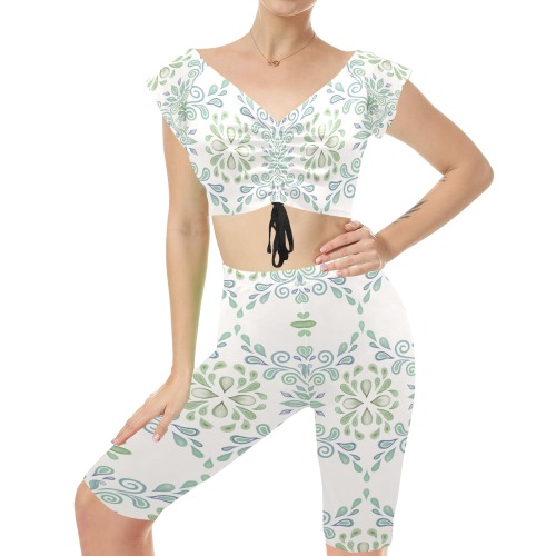 Blue and Green watercolor pattern Women's Crop Top Yoga Set