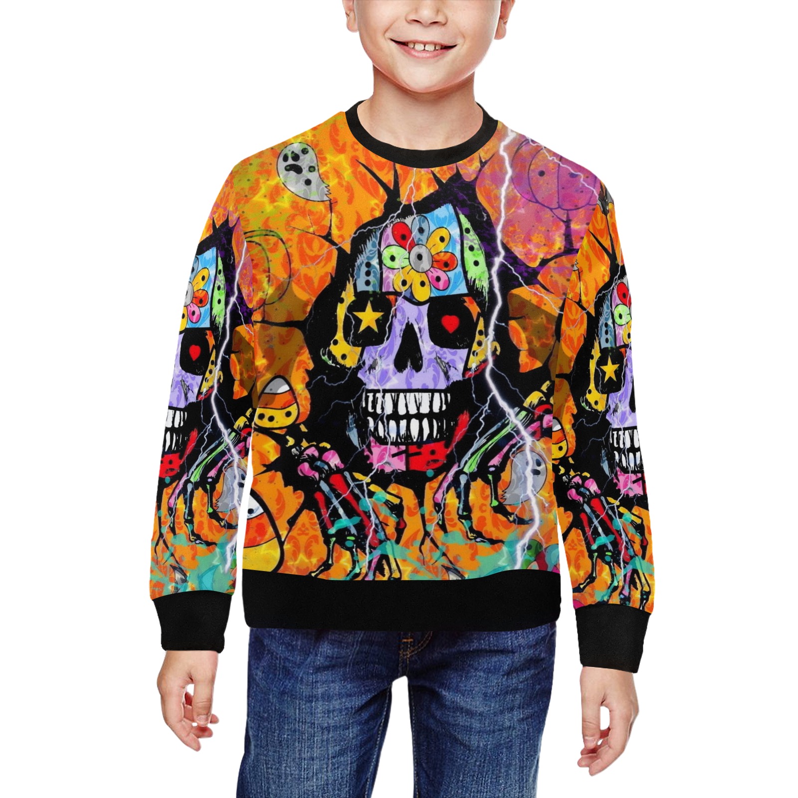 Skull of Halloween by Nico Bielow All Over Print Crewneck Sweatshirt for Kids (Model H29)