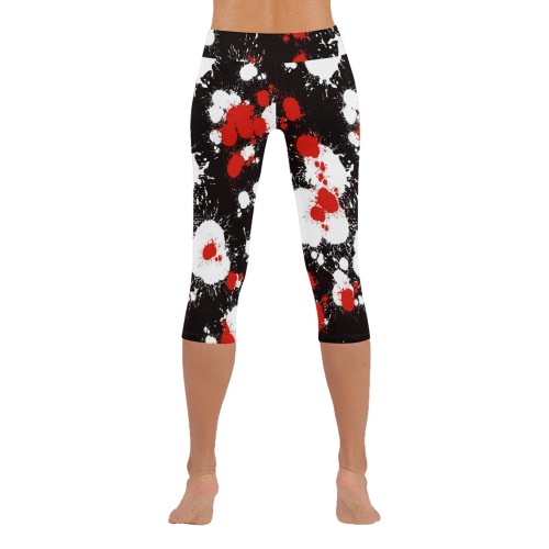 Black, White and Red Paint Splatter Women's Low Rise Capri Leggings (Invisible Stitch) (Model L08)