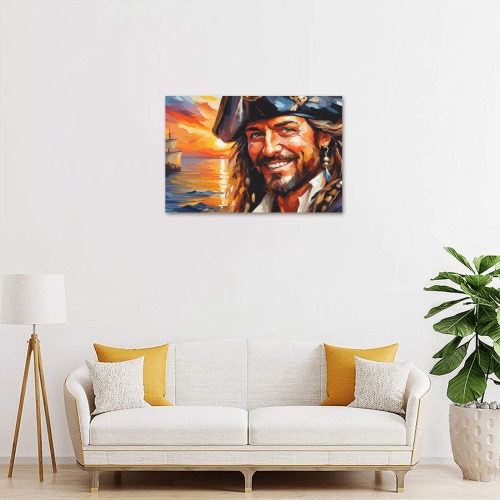 Smiling pirate captain, sailboat, ocean sunset. Upgraded Canvas Print 18"x12"