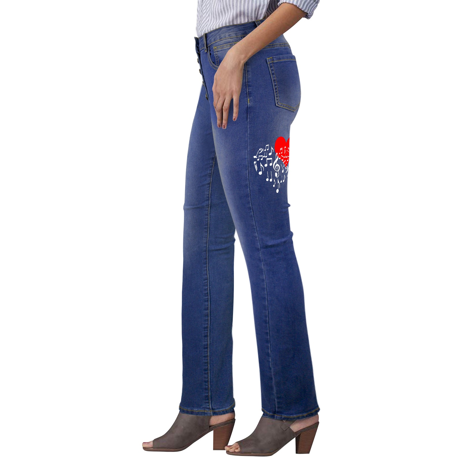 Singing Heart Red Note Music Love Romantic White Women's Jeans (Back Printing)