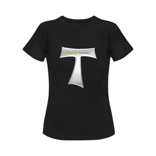 Franciscan Tau Cross Pax Et Bonum Silver Metallic Women's T-Shirt in USA Size (Front Printing Only)