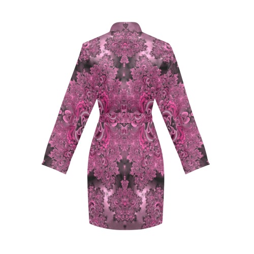 Pink Azalea Bushes Frost Fractal Women's Long Sleeve Belted Night Robe