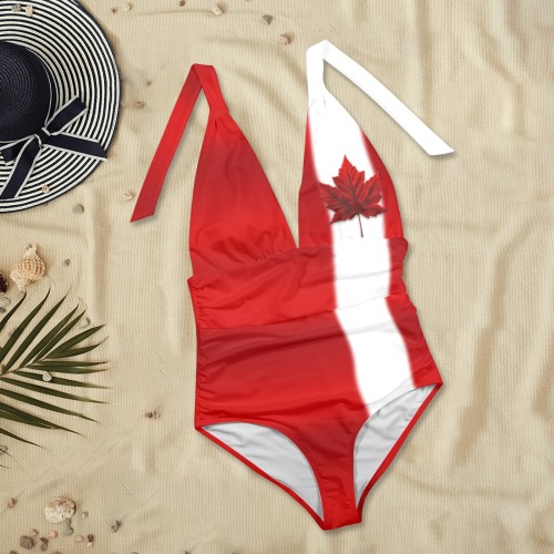 Canada Flag Swimsuit One-piece Women's Plunge Halter Backless Swimsuit (Model S51)