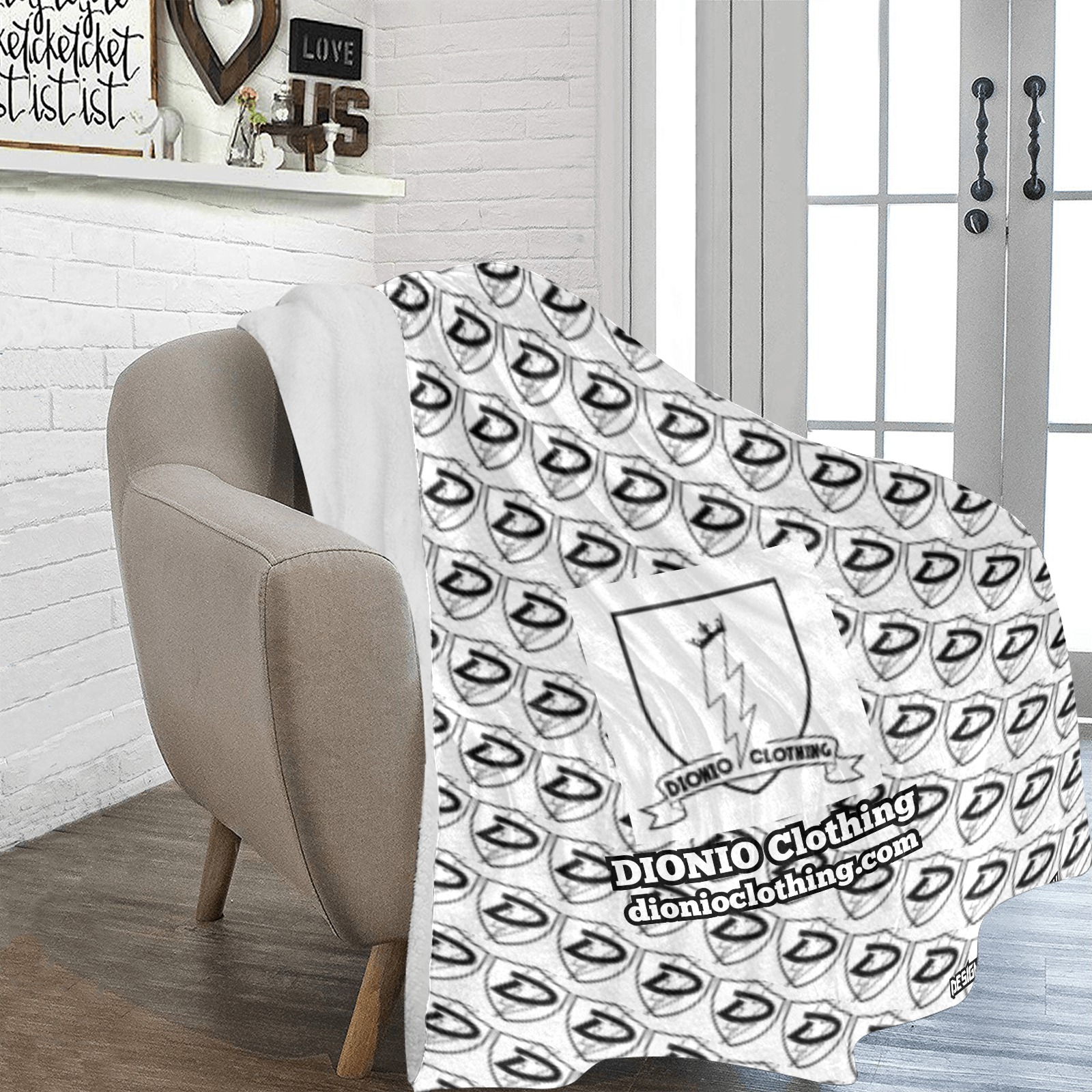 DIONIO Clothing - White & Black Ultra Soft Micro Fleece Blanket (White D-Shield Logo) Ultra-Soft Micro Fleece Blanket 70''x80''