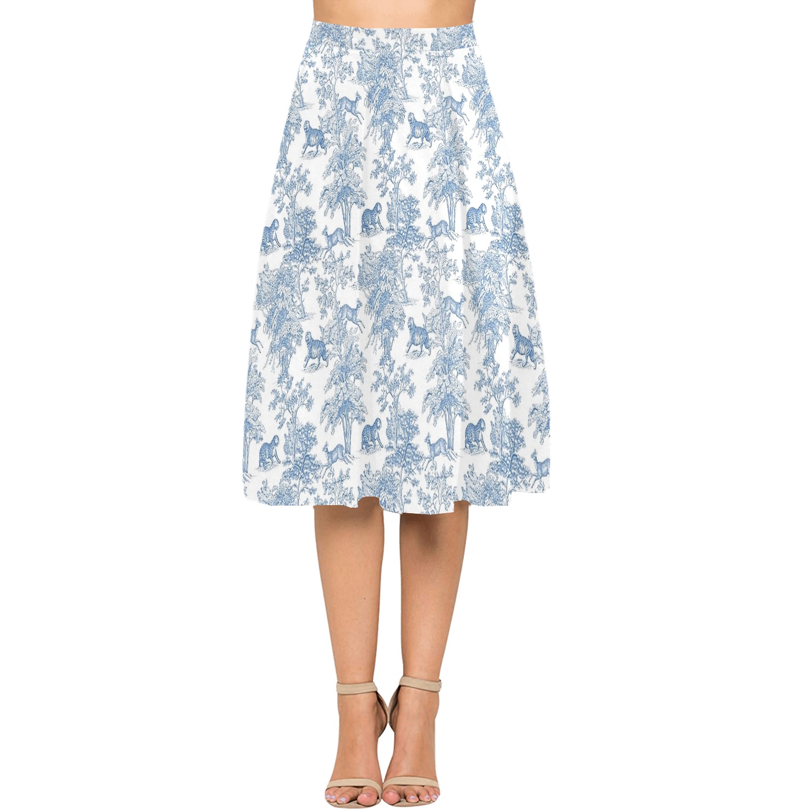 Toile de Jouy BLUE 9 JUNGLE 1 Print Mnemosyne Women's Crepe Skirt (Model D16)