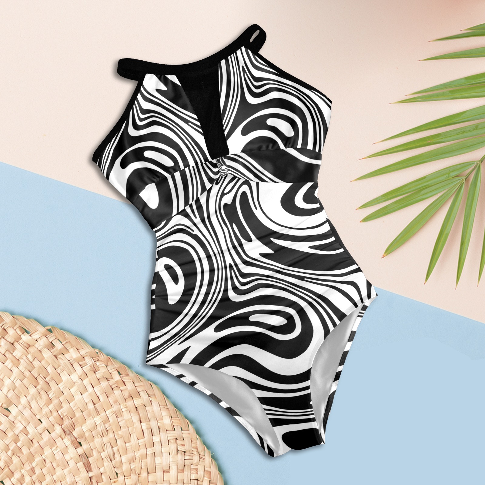Black and White Marble Women's High Neck Plunge Mesh Ruched Swimsuit (S43)