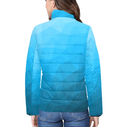 Cyan gradient geometric mesh pattern Women's Stand Collar Padded Jacket (Model H41)
