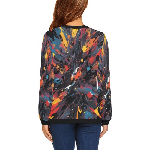 Abstract art of red, yellow, blue paint on dark All Over Print Crewneck Sweatshirt for Women (Model H18)