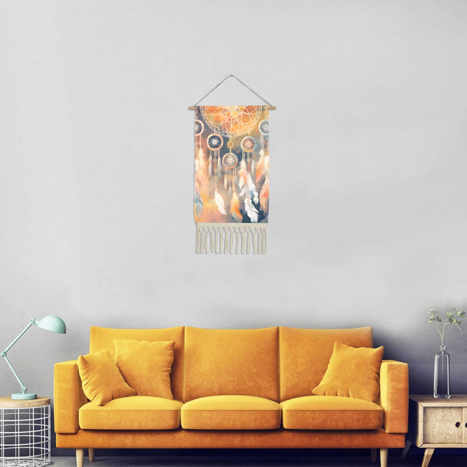 Dreamcatcher in the air. Warm pastel colors art. Linen Hanging Poster