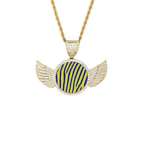 Zebra Print (Yellow & Blue) Wings Gold Photo Pendant with Rope Chain