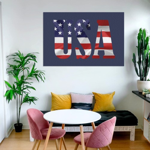 USA text decorated with the American flag on dark. Frame Canvas Print 48"x32"