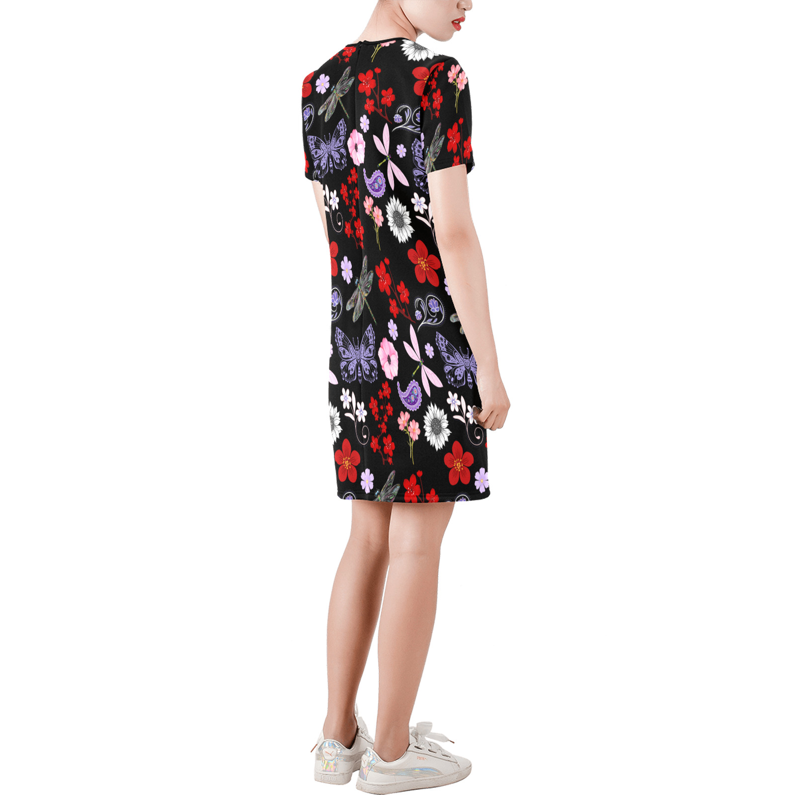 Black, Red, Pink, Purple, Dragonflies, Butterfly and Flowers Design Short-Sleeve Round Neck A-Line Dress (Model D47)