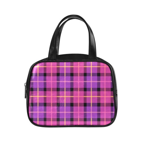 Plaid in Pink and Purple Leather Top Handle Handbag (Model 1662)