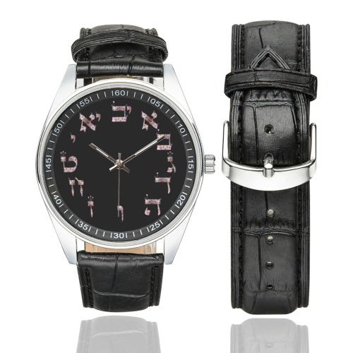 cadran hebreu floral 1 Men's Casual Leather Strap Watch(Model 211)