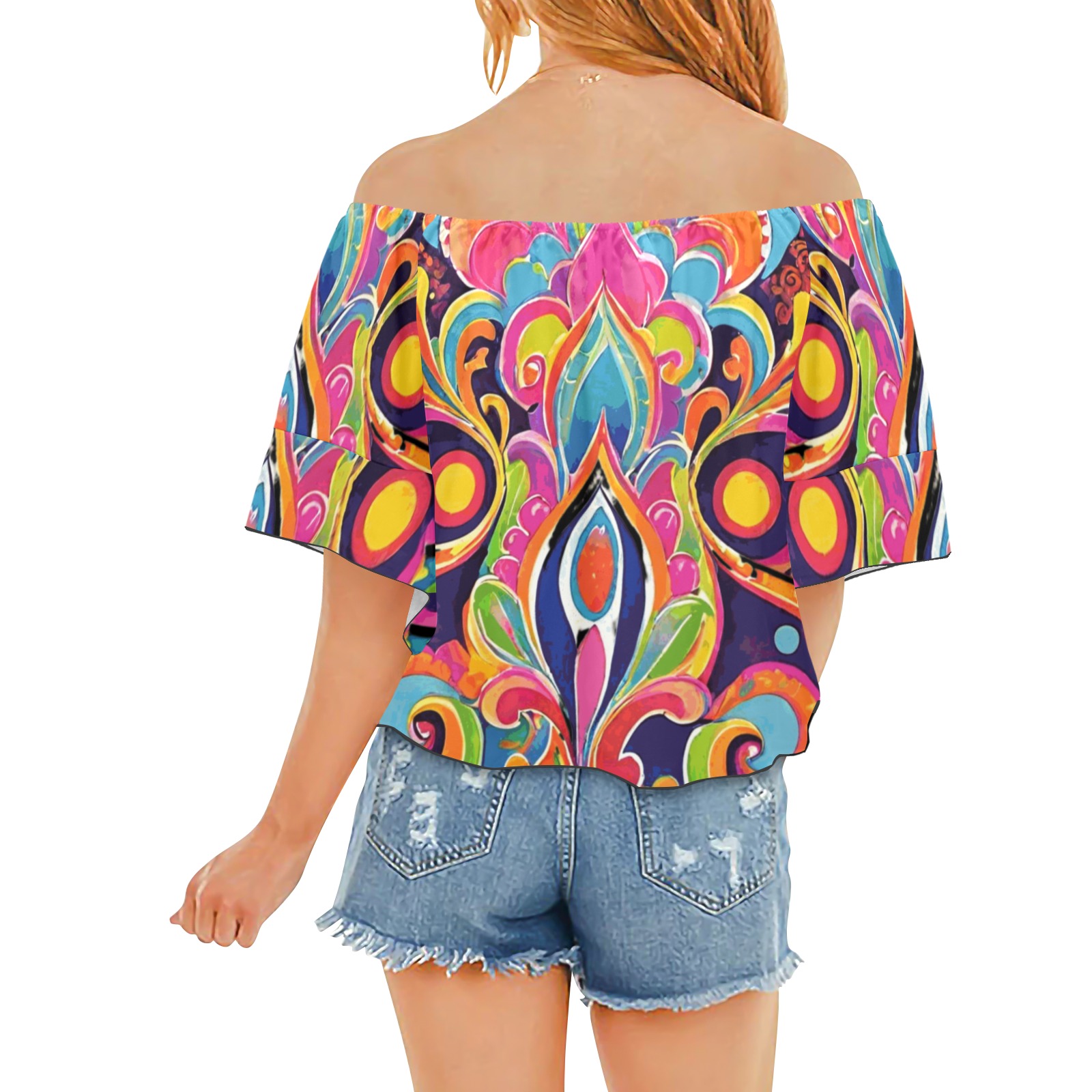 Abstract Retro Hippie Paisley Floral Off Shoulder Knot Front Blouse (Model T71)