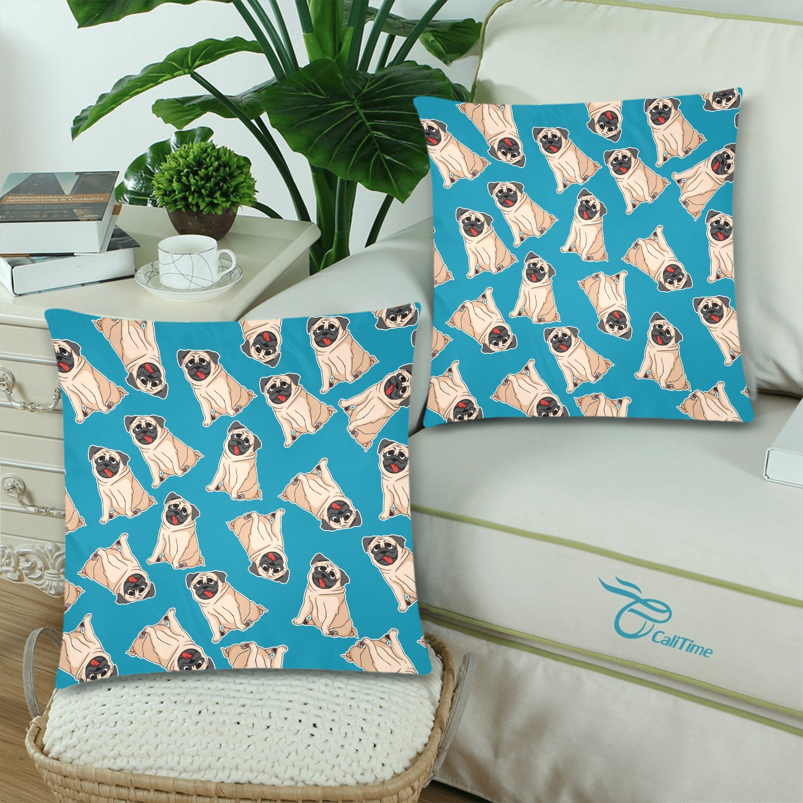 Pugs - Teal Background Custom Zippered Pillow Cases 18"x 18" (Twin Sides) (Set of 2)