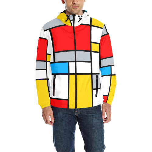 Mondrian Style Color Composition Geometric Retro Art All Over Print Quilted Windbreaker for Men (Model H35)