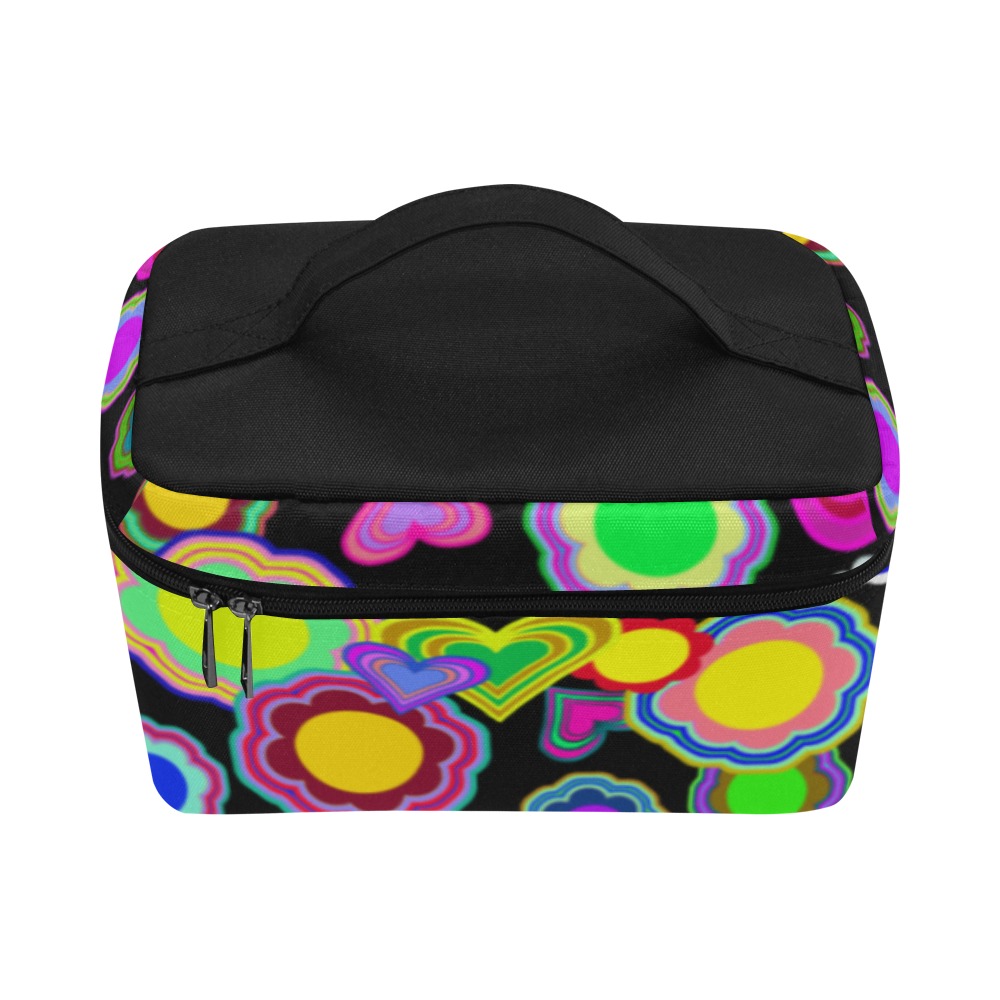 Groovy Hearts and Flowers Black Cosmetic Bag/Large (Model 1658)