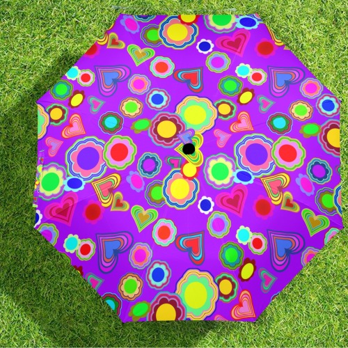 Groovy Hearts and Flowers Purple Semi-Automatic Foldable Umbrella (Model U12)