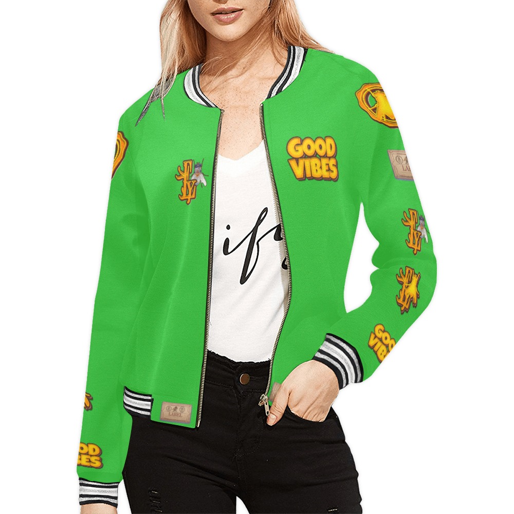Good Vibes Collectable Fly All Over Print Bomber Jacket for Women (Model H21)
