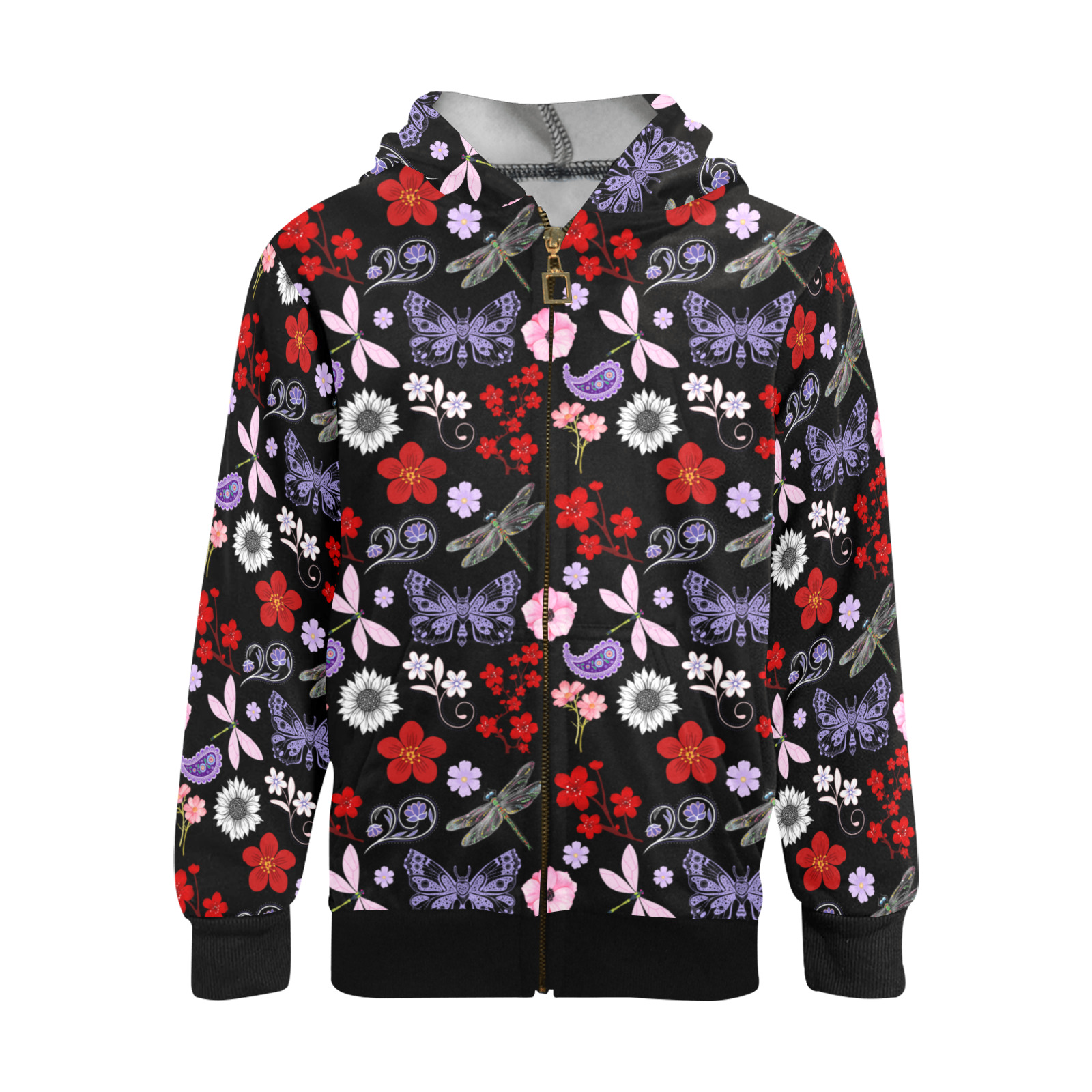 Black, Red, Pink, Purple, Dragonflies, Butterfly and Flowers Design Kids' All Over Print Full Zip Hoodie (Model H39)