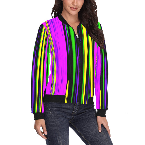 Mardi Gras Stripes All Over Print Bomber Jacket for Women (Model H36)