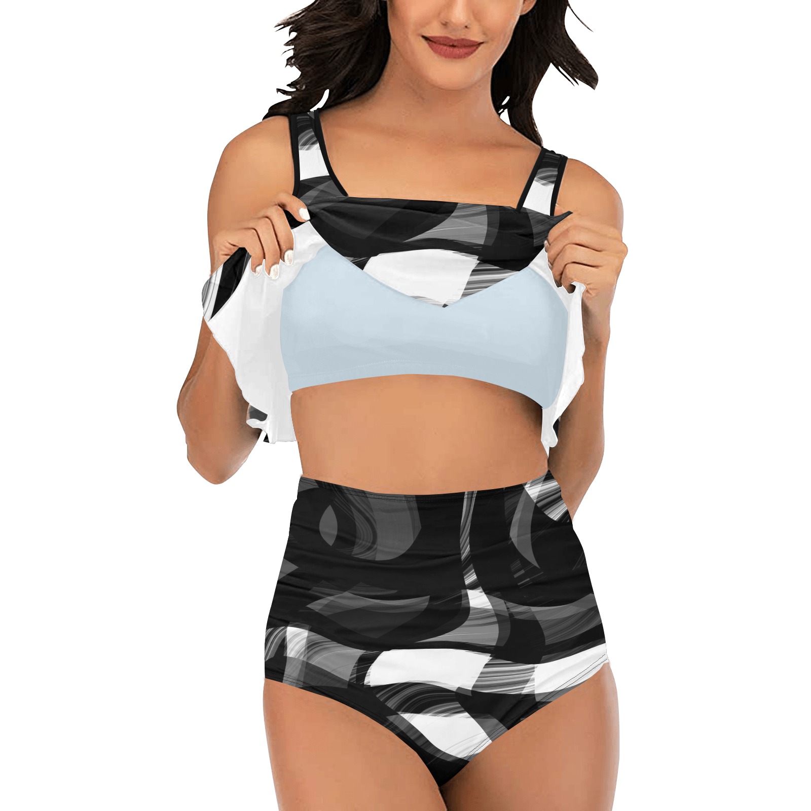 Black and White abstract High Waisted Flounce Bikini Set (Model S24)