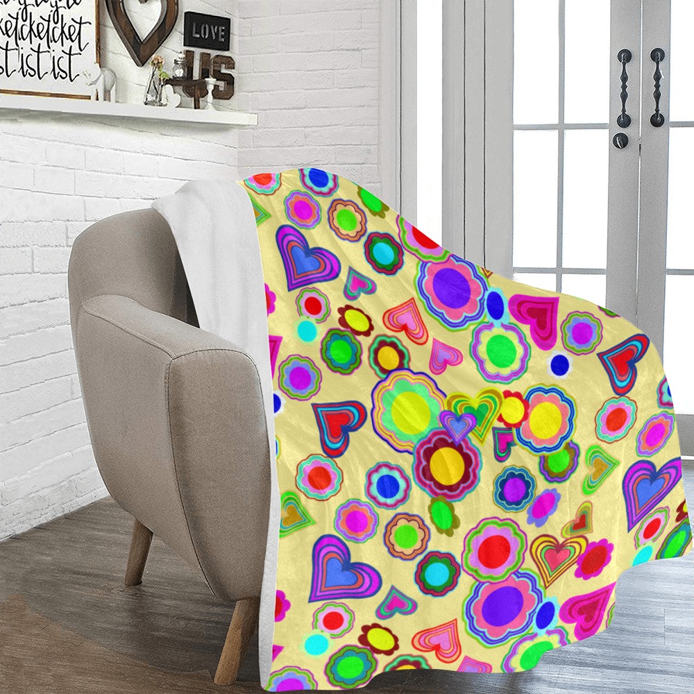 Groovy Hearts and Flowers Yellow Ultra-Soft Micro Fleece Blanket 54"x70"