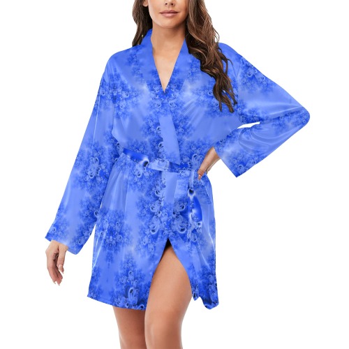 Blue Sky over the Bluebells Frost Fractal Women's Long Sleeve Belted Night Robe