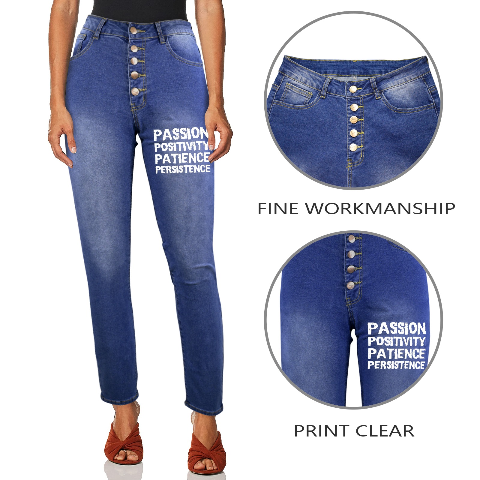 Passion, positivity, patience, persistence white Women's Jeans (Front Printing)