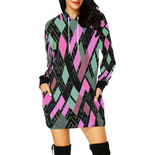Pink Green Black Geometric All Over Print Hoodie Mini Dress (Model H27)