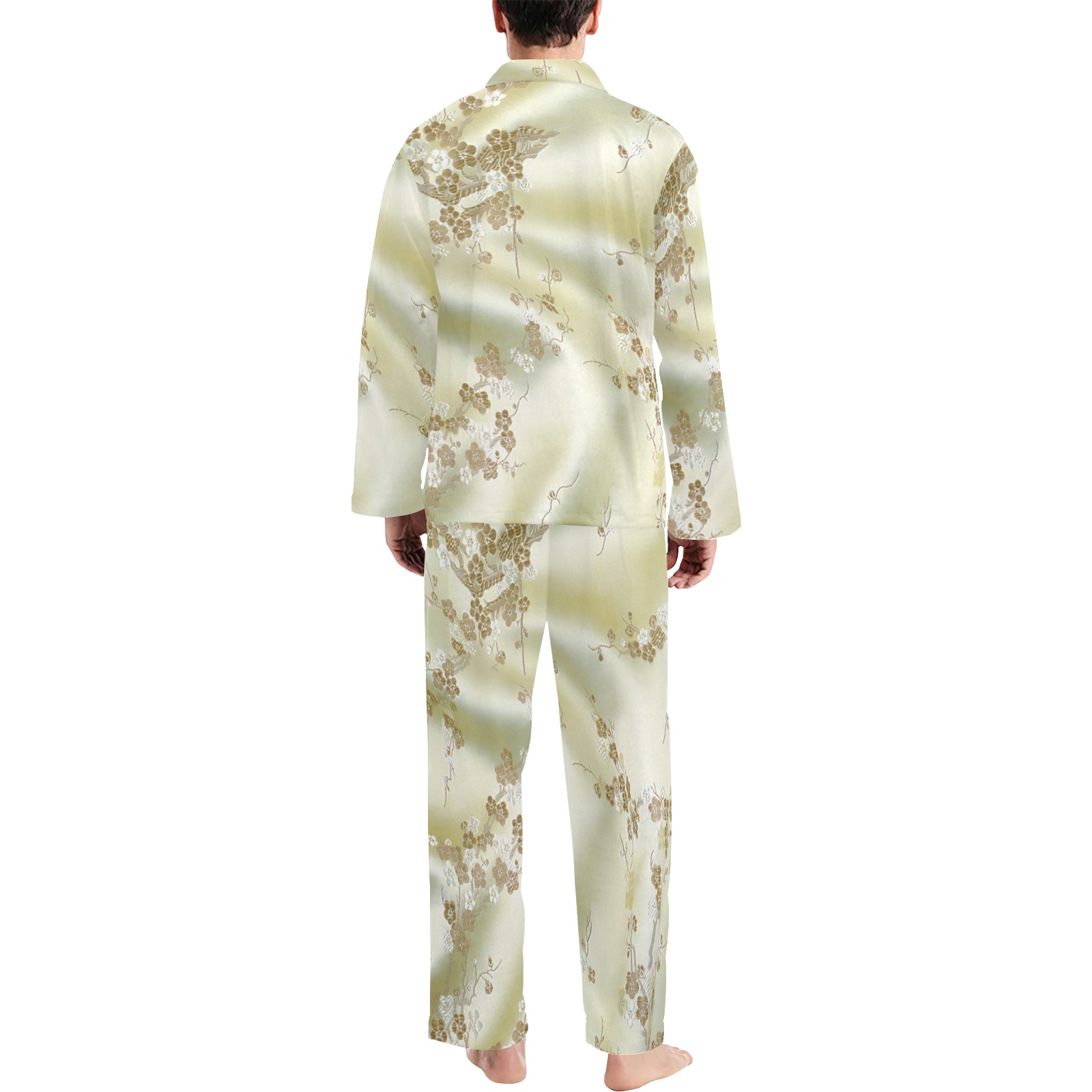 Champagne Silk Pajamas Men's V-Neck Long Pajama Set