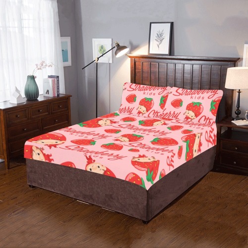 Boy and girl wearing strawberry shaped hat_ Seamless Pattern  bed set 3-Piece Bedding Set