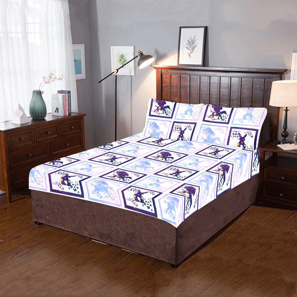 Bunny and Pegasus Together in Blue Patchwork Design 3-Piece Bedding Set