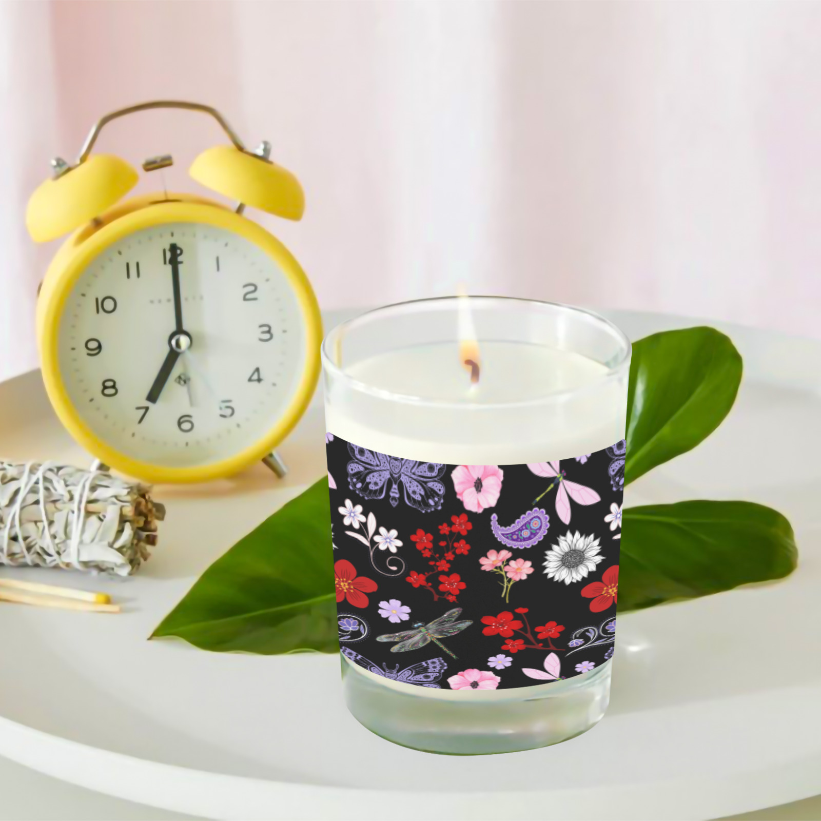 Black, Red, Pink, Purple, Dragonflies, Butterfly and Flowers Design Transparent Candle Cup Jasmine Transparent Candle Cup (Jasmine)