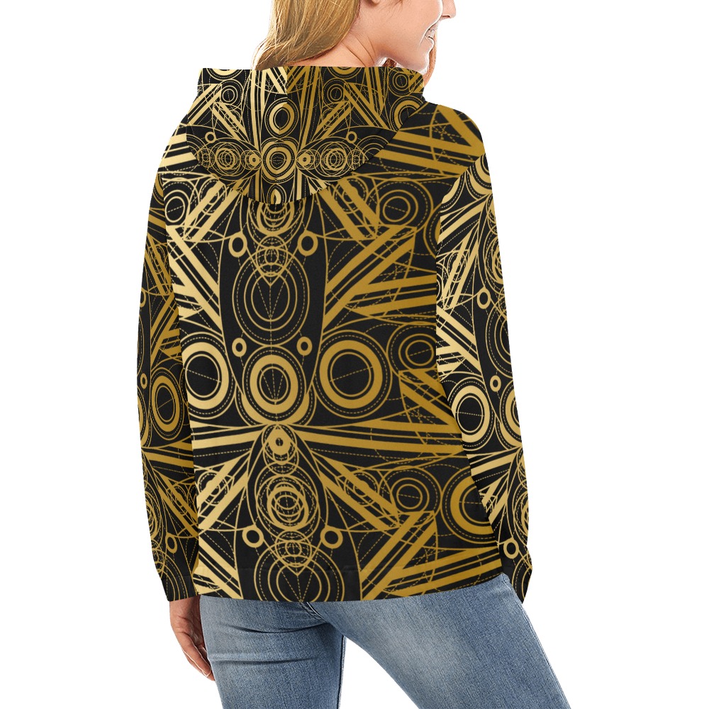 Gold Lotus line Pattern All Over Print Hoodie for Women (USA Size) (Model H13)