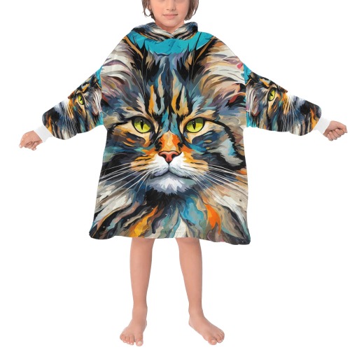 Cute maine coon cat face art, bluish background. Blanket Hoodie for Kids
