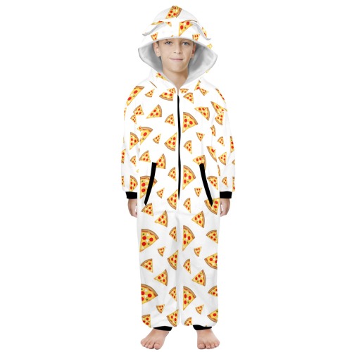 Cool and fun pizza slices pattern on white One-Piece Zip Up Hooded Pajamas for Big Kids