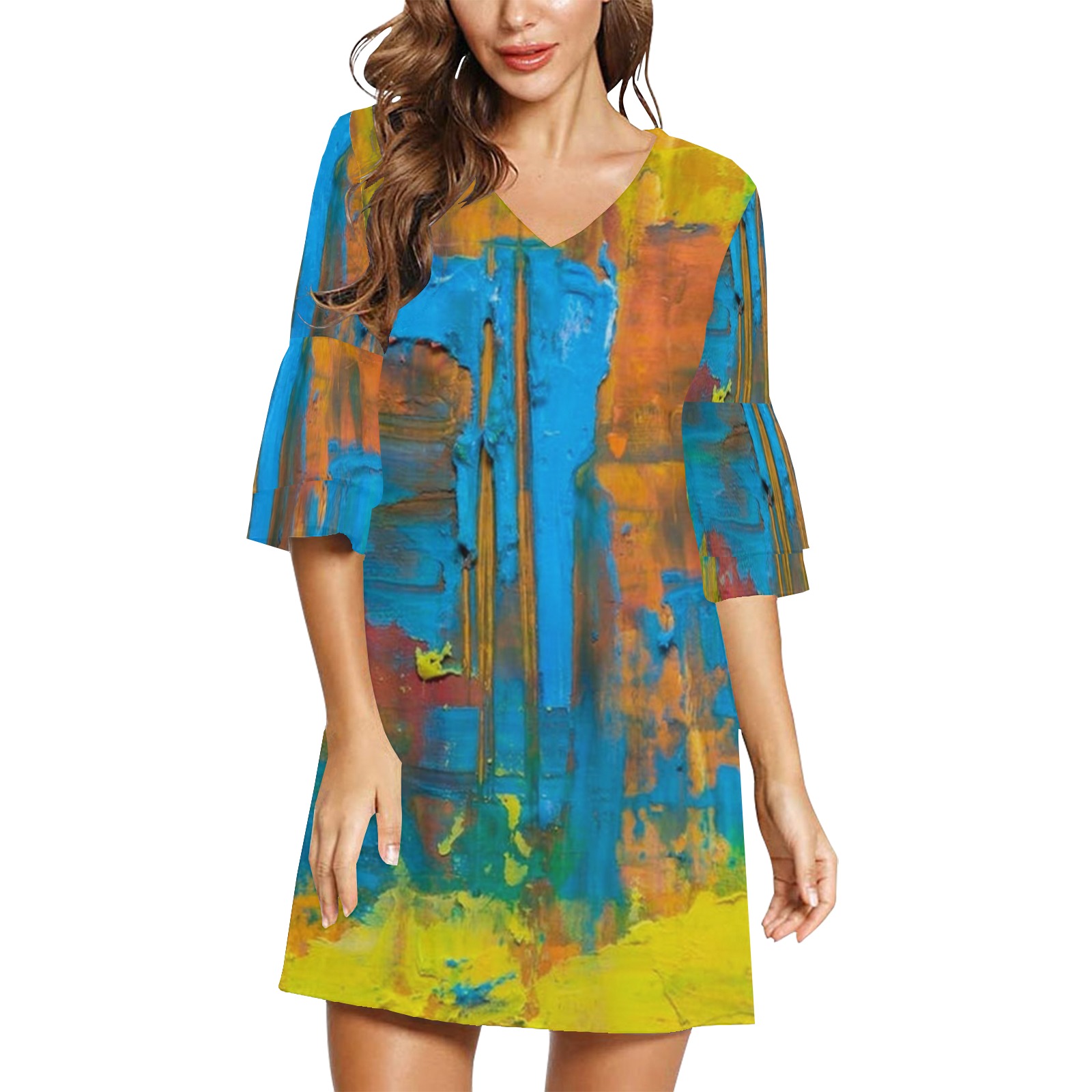 Funky Oil Painting Half Sleeves V-Neck Mini Dress (Model D63)